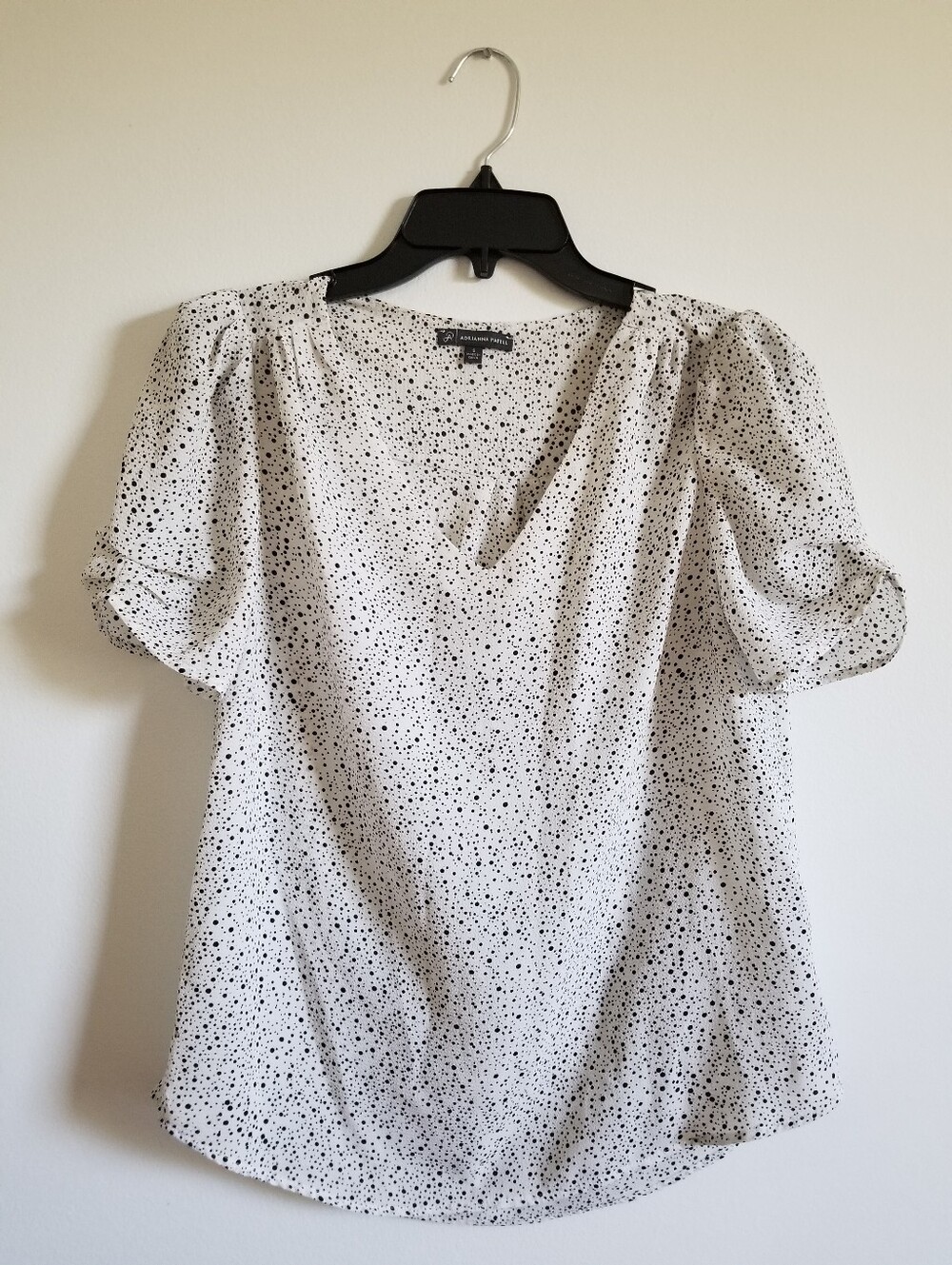 Adrianna Papell White Blouse with Black Dot Print and Puff Sleeves